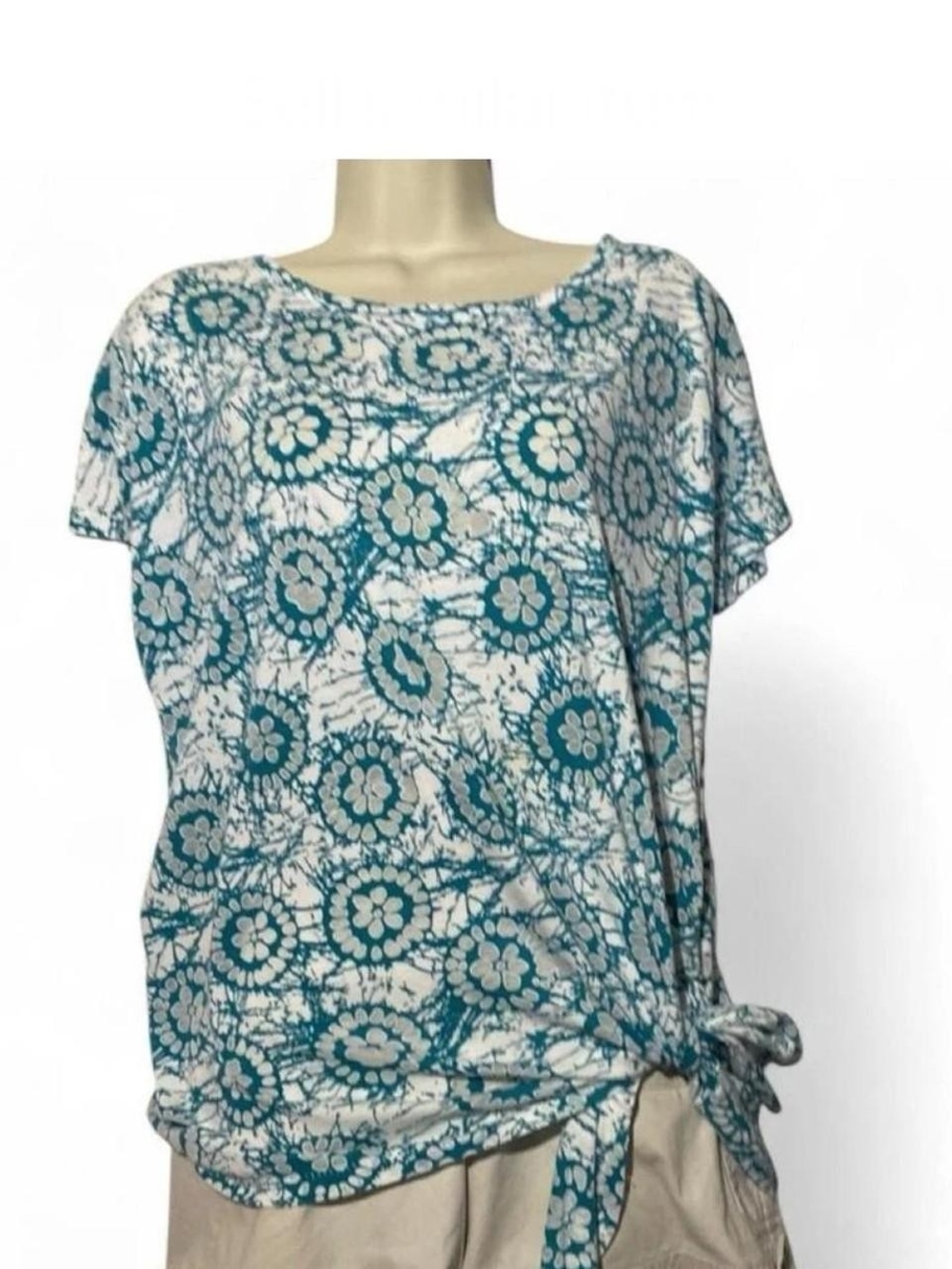 Rafaella Teal Floral Side-Tie Tunic Top